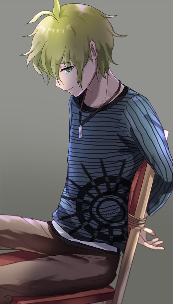 amami_rantarou arms_behind_back bound bound_arms chair danganronpa denim green_hair grey_background jeans jewelry looking_at_viewer male_focus necklace new_danganronpa_v3 pants rope shirt simple_background sitting solo striped striped_shirt utou_(utousan) wooden_chair