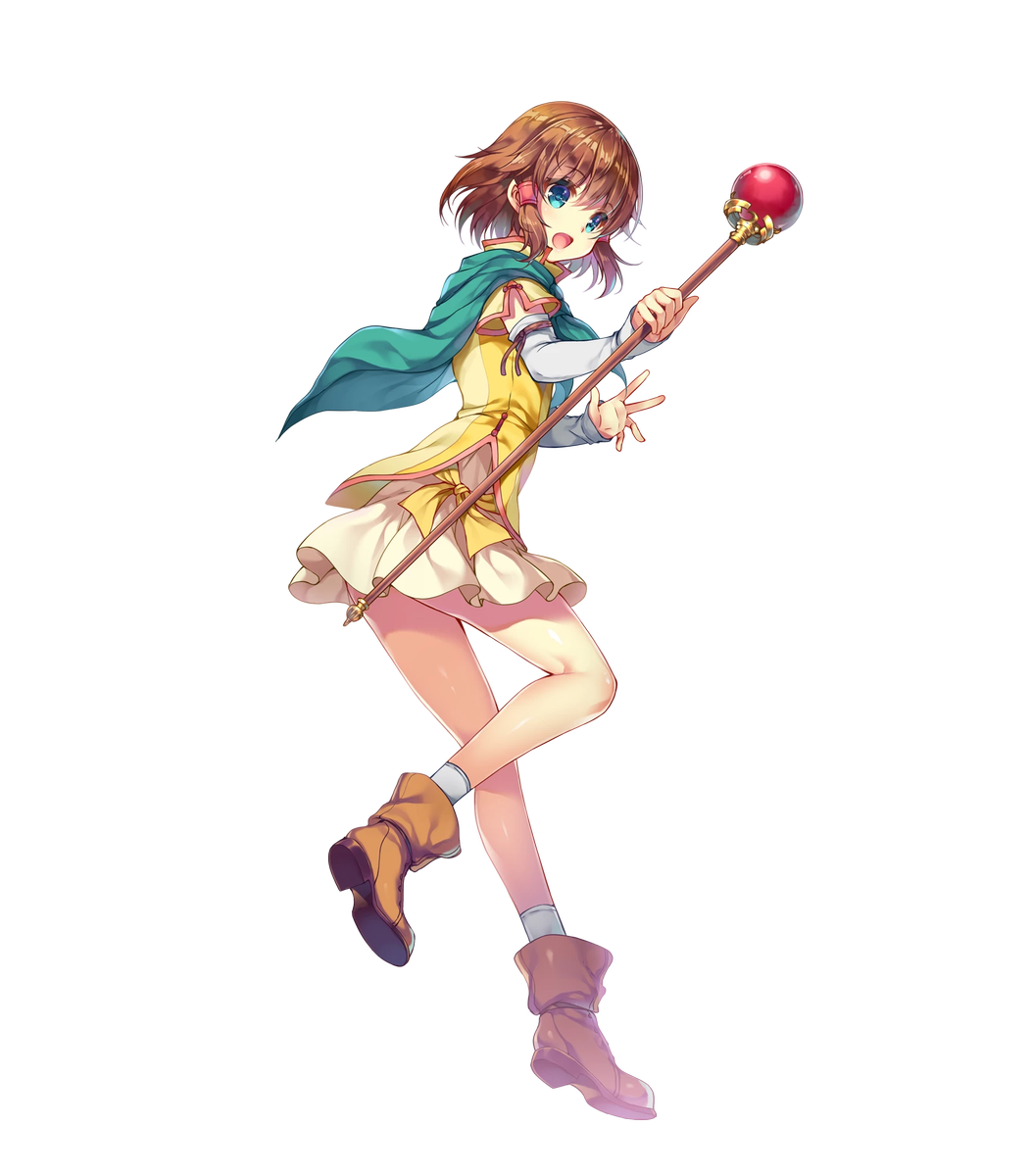 aqua_eyes bangs brown_hair capelet elbow_gloves eyebrows_visible_through_hair fire_emblem fire_emblem:_souen_no_kiseki fire_emblem_heroes full_body gloves highres holding looking_away mist_(fire_emblem) miwabe_sakura official_art open_mouth pleated_skirt shoes short_hair short_sleeves skirt smile socks solo staff transparent_background