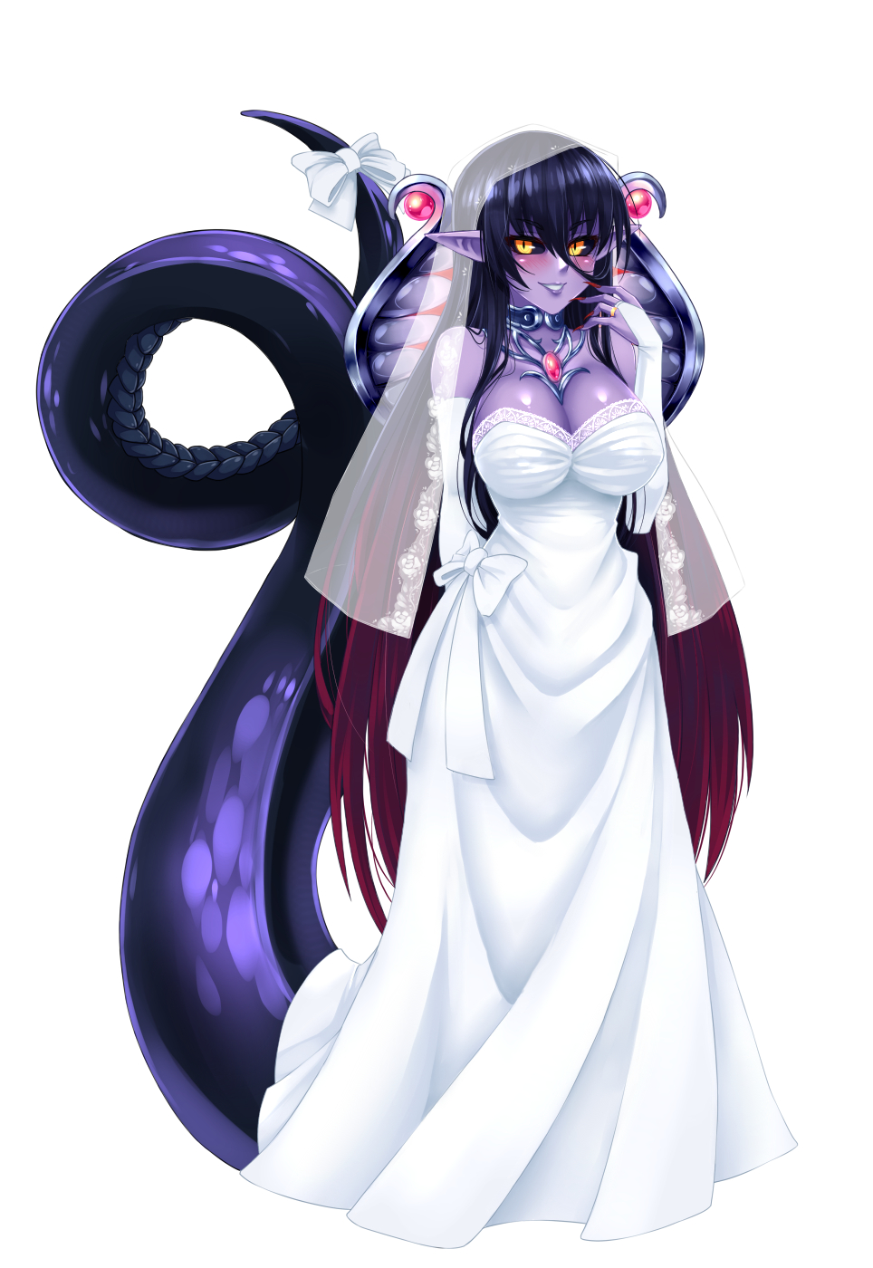 apophis_(monster_girl_encyclopedia) bare_shoulders black_hair black_sclera blush breasts bridal_gauntlets bridal_veil bride cleavage commission dress elbow_gloves fingernails gloves gradient_hair hand_to_own_mouth highres jewelry lamia large_breasts long_hair looking_at_viewer monster_girl monster_girl_encyclopedia multicolored_hair nail_polish parted_lips pointy_ears purple_skin red_hair red_nails ring sharp_fingernails shiny shiny_skin simple_background slit_pupils smile solo two-tone_hair twrlare veil very_long_hair wedding_band wedding_dress white_background white_dress white_gloves yellow_eyes