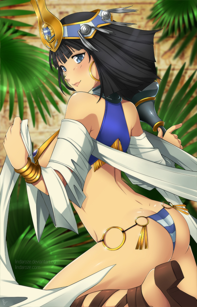 1girl ass black_hair blue_eyes bracelet breasts egyptian egyptian_clothes high_heels jewelry large_breasts lips menace queen's_blade short_hair solo striped striped_underwear thighs underboob