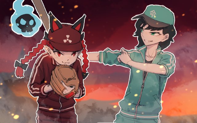 :3 alternate_costume animal_ears baseball_bat baseball_cap baseball_mitt batting_stance black_hair braid cat_ears green_eyes hat jacket kaenbyou_rin long_hair meimaru_inuchiyo multiple_girls murasa_minamitsu parody pointy_ears red_eyes red_hair short_hair skull smile smirk suzuki_ichirou touhou track_jacket track_suit twin_braids