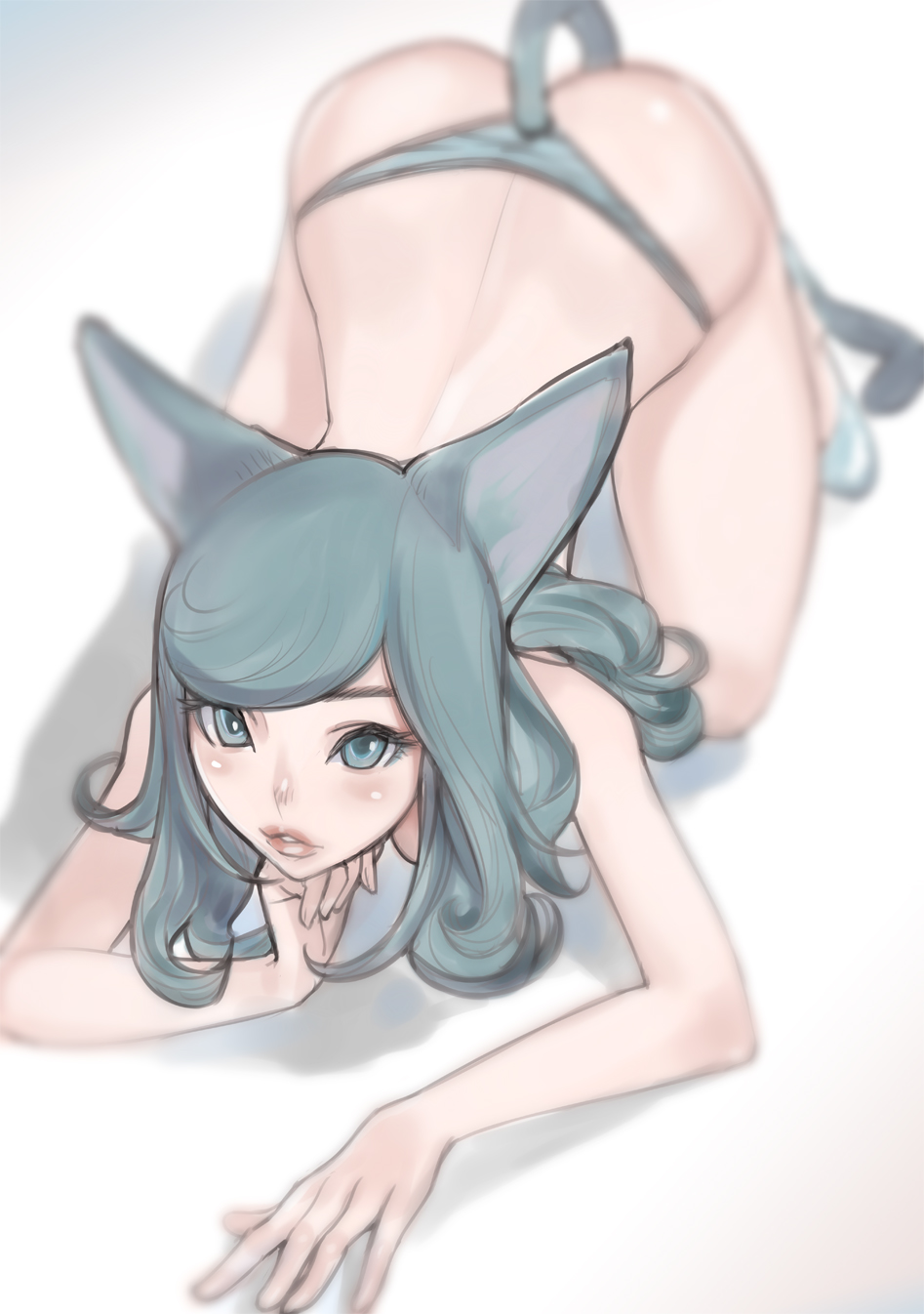 all_fours animal_ears ass black_hair blue_eyes blue_hair breasts chin_rest dytm fake_tail from_above highres lips long_hair looking_at_viewer medium_breasts original parted_lips solo tail thick_lips thong topless