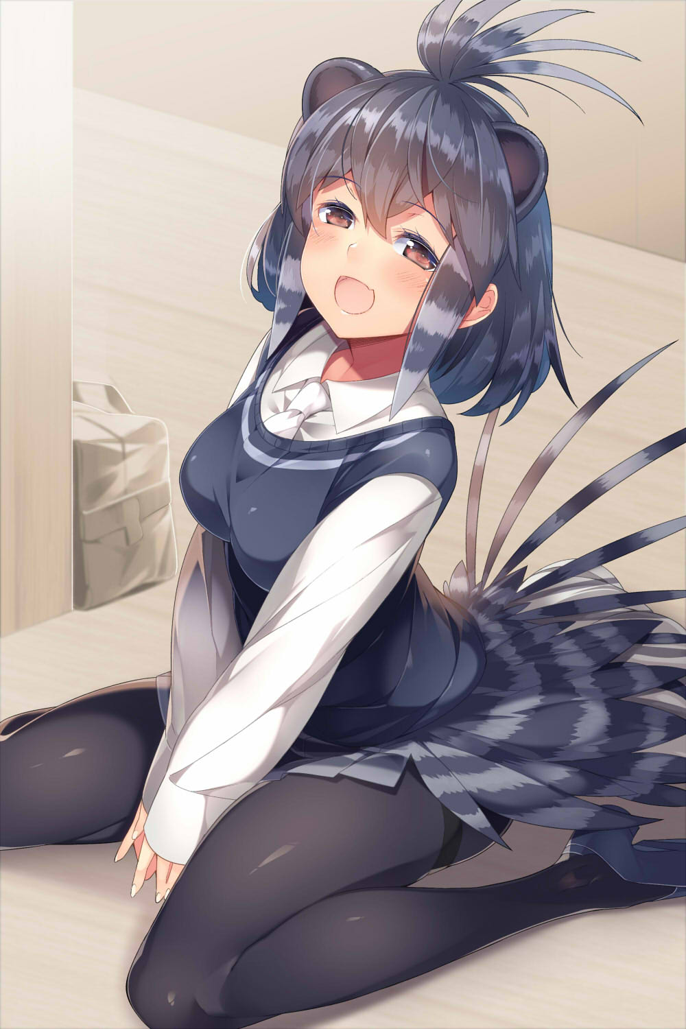 :d animal_ears bag between_legs black_hair blue_footwear blush breasts collared_shirt commentary_request crested_porcupine_(kemono_friends) eyebrows_visible_through_hair gradient_hair half-closed_eyes hand_between_legs highres kemono_friends kokka_han long_sleeves looking_at_viewer medium_breasts multicolored_hair nail_polish necktie on_floor open_mouth own_hands_together pantyhose porcupine_ears red_eyes shiny shiny_hair shirt shoes sidelocks silver_hair sitting skirt sleeves_past_wrists smile solo striped striped_skirt sweater_vest thighband_pantyhose v_arms wariza white_nails white_neckwear white_shirt wing_collar wooden_floor