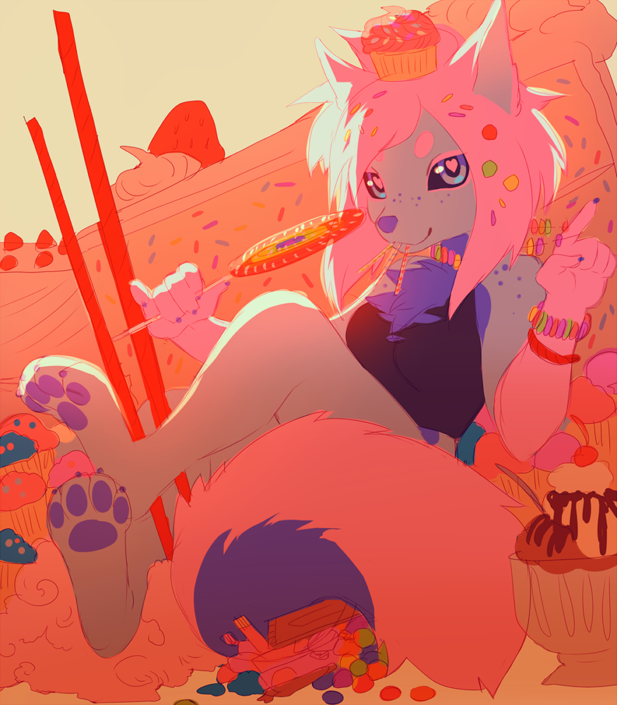 5_fingers akitamonster anthro canine clothed clothing female food hair invalid_tag mammal pink_hair purple_nose smile solo