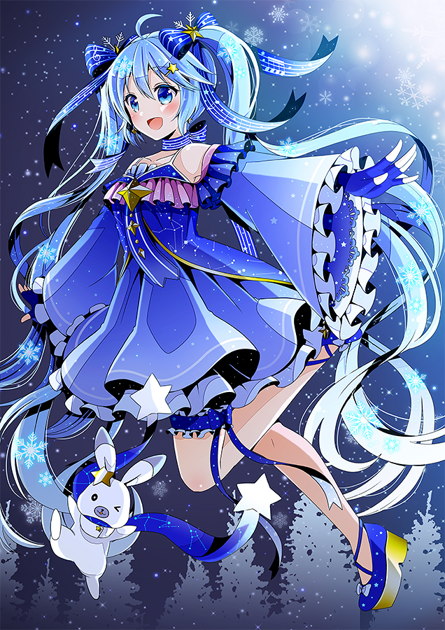 ahoge banned_artist blue_bow blue_dress blue_eyes blue_footwear blue_gloves blue_hair bow constellation_print detached_sleeves dress fingerless_gloves gloves hair_bow hair_ornament hatsune_miku leg_garter long_hair open_mouth outstretched_arms shoes smile snowflakes star star_hair_ornament star_night_snow_(vocaloid) twintails very_long_hair vocaloid wide_sleeves yuki_miku yukine_(vocaloid) yuuka_nonoko