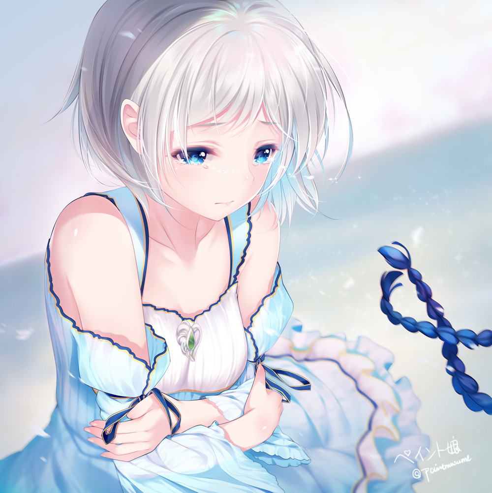 bare_shoulders blue_dress blue_eyes blurry breasts cleavage collarbone crossed_arms depth_of_field detached_sleeves dress frills long_sleeves looking_down original short_hair signature silver_hair small_breasts solo tears twitter_username upper_body wide_sleeves youqiniang