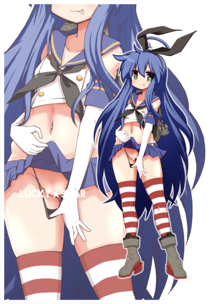 :p ahoge anchor_hair_ornament black_hairband black_panties blue_hair blue_skirt censored copyright_name cosplay elbow_gloves full_body gloves green_eyes hair_ornament hairband izumi_konata kantai_collection lifted_by_self long_hair looking_at_viewer lucky_star mizushima_(p201112) mole mole_under_eye navel panties shimakaze_(kantai_collection) shimakaze_(kantai_collection)_(cosplay) simple_background skirt skirt_lift solo standing star star_censor striped striped_legwear thighhighs tongue tongue_out underwear very_long_hair white_background white_gloves zoom_layer