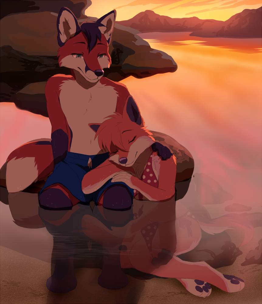 akitamonster anthro barefoot bikini black_hair blue_eyes canine clothed clothing day detailed_background digitigrade duo eyes_closed female fox fur hair male mammal orange_fur orange_hair outside partially_submerged smile swimsuit topless water