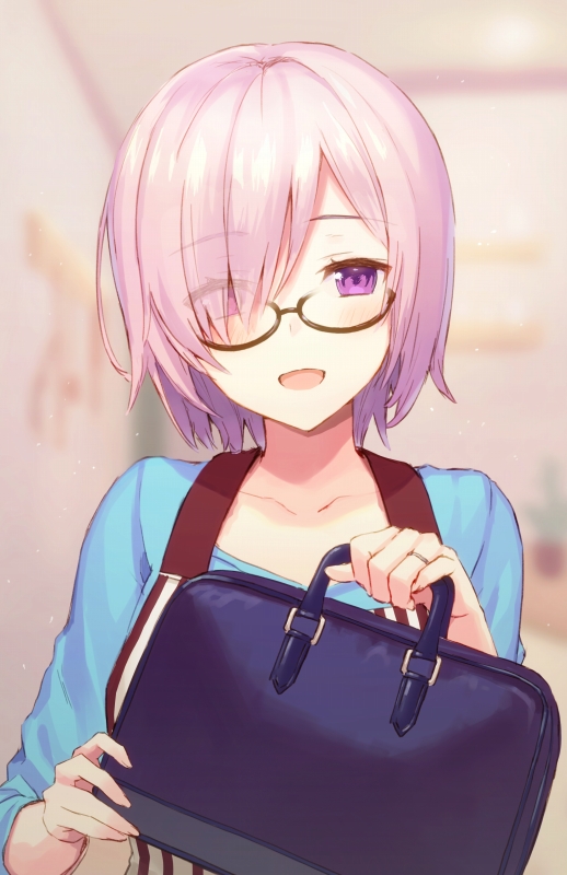 :d black-framed_eyewear blue_shirt blurry blush breasts collarbone contemporary depth_of_field dress eyes_visible_through_hair fate/grand_order fate_(series) glasses hair_over_one_eye haru_(hiyori-kohal) indoors looking_at_viewer mash_kyrielight medium_breasts open_mouth purple_eyes purple_hair shirt short_hair smile solo striped striped_dress upper_body vertical-striped_dress vertical_stripes