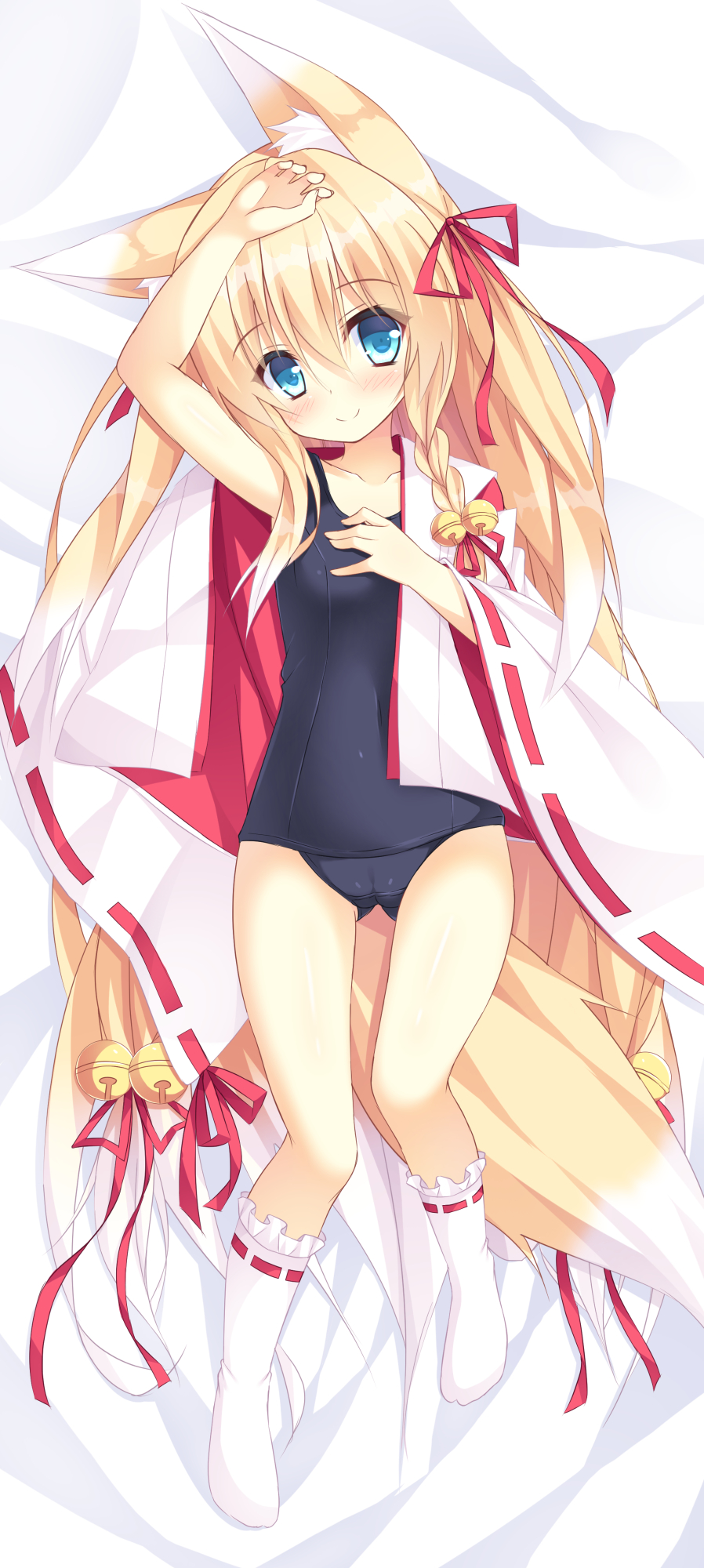 animal_ears arm_up bangs bare_arms bed_sheet bell black_swimsuit blonde_hair blue_eyes blush braid breasts c: cameltoe closed_mouth collarbone commentary_request covered_navel dakimakura eyebrows_visible_through_hair fingernails fox_ears fox_girl fox_tail from_above full_body gradient_hair hair_bell hair_between_eyes hair_ornament hair_ribbon hand_on_own_chest hand_up highres japanese_clothes jingle_bell kimono kneehighs long_hair long_sleeves looking_at_viewer lying miko minatsuki_kou multicolored_hair no_shoes old_school_swimsuit on_back one-piece_swimsuit open_clothes open_kimono original red_ribbon ribbon ribbon-trimmed_legwear ribbon-trimmed_sleeves ribbon_trim school_swimsuit shiny shiny_clothes shiny_hair shiny_skin side_braid small_breasts smile solo swimsuit tail two-tone_hair very_long_hair white_hair white_kimono white_legwear wide_sleeves