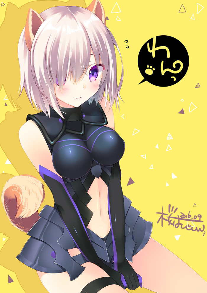 3: animal_ears armor armored_dress artist_name bangs between_legs black_leotard blush breasts closed_mouth dated dog_ears dog_tail elbow_gloves fate/grand_order fate_(series) gloves hair_over_one_eye hand_between_legs kemonomimi_mode large_breasts leotard looking_at_viewer mash_kyrielight navel_cutout sakura_hanpen shadow short_hair signature sitting solo speech_bubble tail thigh_strap thighs triangle yellow_background