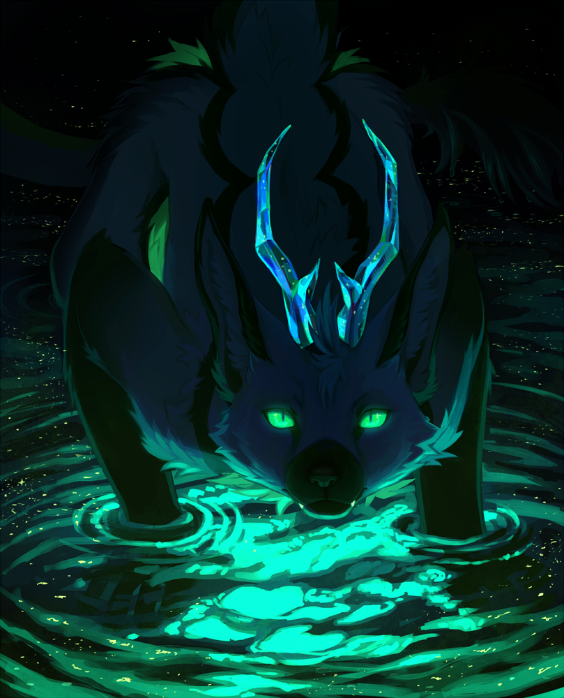 akitamonster black_fur blue_eyes feral fur grey_fur looking_at_viewer night outside partially_submerged solo standing unknown_species water