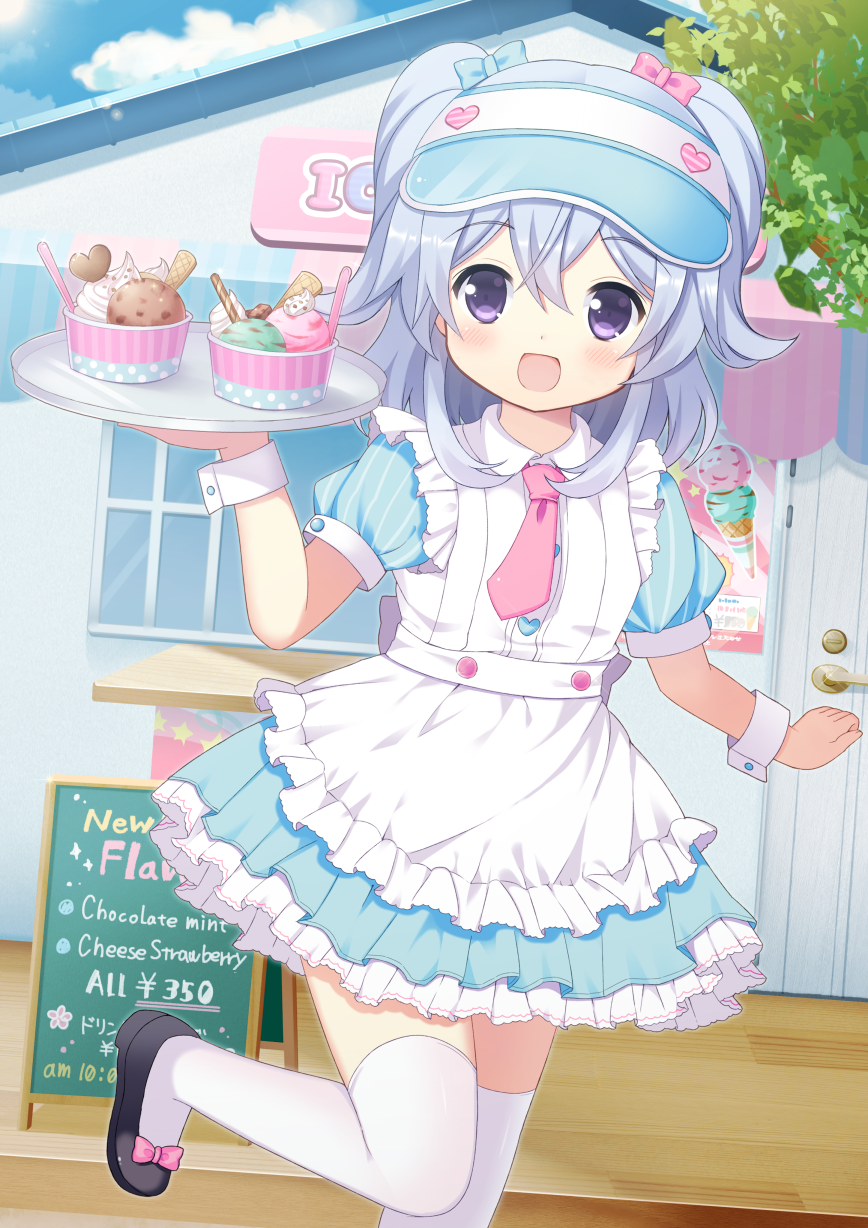 :d blue_hair blue_sky bow cloud commentary_request d_omm day eyebrows_visible_through_hair food hair_bow heart highres ice_cream ice_cream_scoop leaf long_hair looking_at_viewer moe2016 necktie open_mouth original outdoors puffy_short_sleeves puffy_sleeves purple_eyes shoe_bow shoes short_sleeves sky smile solo standing standing_on_one_leg storefront thighhighs tray two_side_up visor_cap waitress white_legwear wrist_cuffs zettai_ryouiki