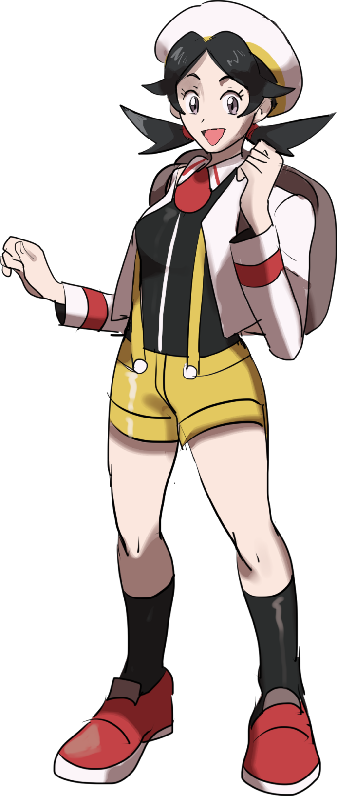backpack bag black_legwear commentary crystal_(pokemon) english_commentary full_body grey_eyes hat highres jacket kendy_(revolocities) pokemon pokemon_(game) pokemon_gsc short_hair shorts smile socks solo suspender_shorts suspenders transparent_background twintails yellow_shorts