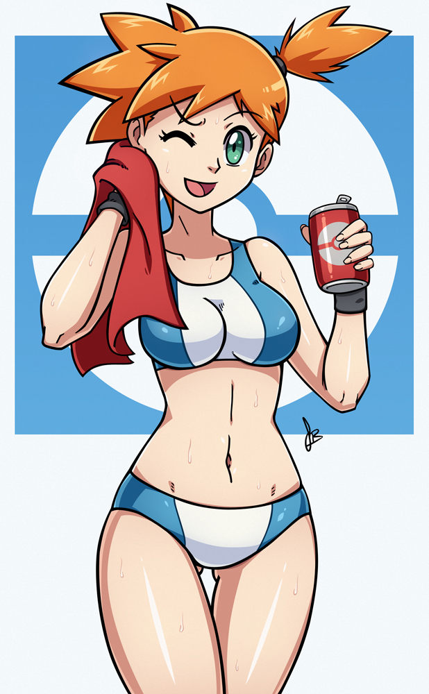 1girl ;) ;p aqua_eyes bikini blue_bikini blue_swimsuit drink female gym_leader kasumi_(pokemon) one_eye_closed orange_hair pokemon ponytail short_hair side_ponytail smile solo swimsuit towel wet