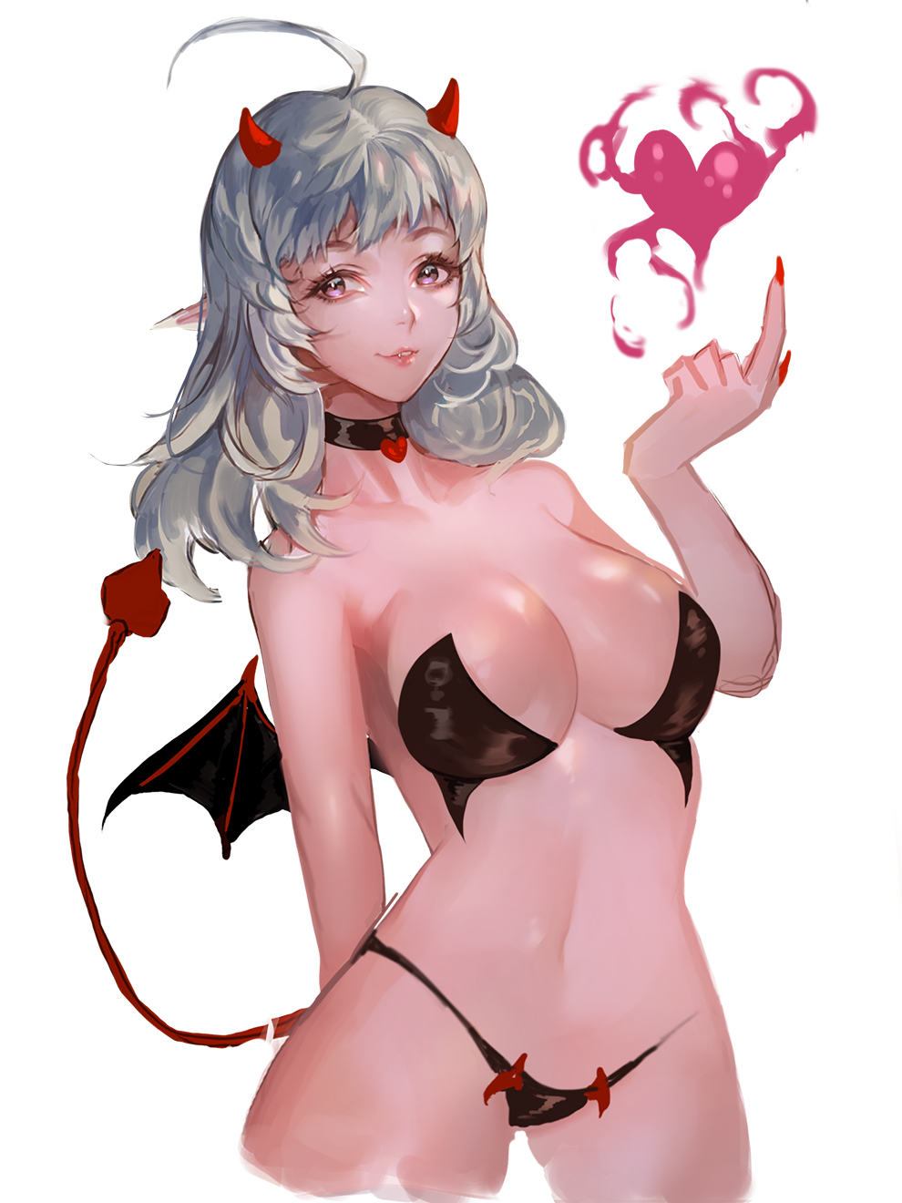 ahoge arm_at_side ass_visible_through_thighs bangs bare_shoulders bat_wings bikini black_bikini black_choker breasts chicle choker cleavage collarbone demon_girl demon_horns demon_tail demon_wings eyelashes eyeliner fangs fingernails grey_hair heart heart_choker highres horns large_breasts lips long_fingernails long_hair looking_at_viewer makeup midriff nail_polish navel open_mouth original parted_lips pink_lips pointy_ears purple_eyes red_nails sharp_fingernails short_wings simple_background smile solo strapless strapless_bikini succubus swimsuit tail white_background wings
