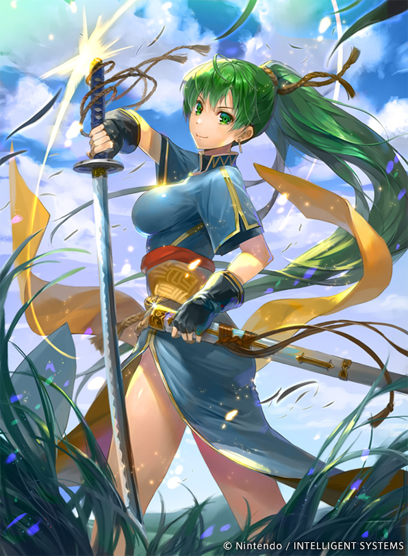 breasts closed_mouth cloud commentary_request day earrings fingerless_gloves fire_emblem fire_emblem:_rekka_no_ken fire_emblem_cipher from_side gloves grass green_eyes green_hair hmk84 holding holding_sword holding_weapon jewelry katana long_hair looking_to_the_side lyndis_(fire_emblem) medium_breasts official_art outdoors ponytail sash scabbard sheath sky smile solo standing sword very_long_hair weapon