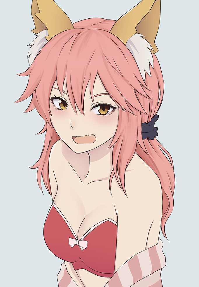animal_ears blush bow bra breasts cleavage collarbone fang fate/extella fate/extra fate/grand_order fate_(series) fox_ears grey_background hair_bow large_breasts long_hair looking_at_viewer miura-n315 off_shoulder open_clothes open_mouth open_shirt pink_bra pink_hair shirt simple_background tamamo_(fate)_(all) tamamo_no_mae_(fate) underwear yellow_eyes