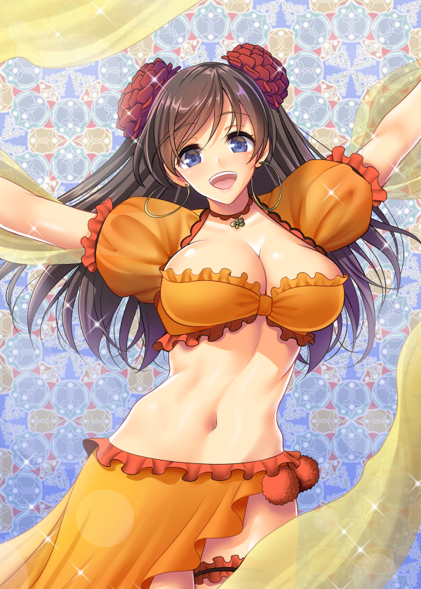 :d arabian_clothes arms_up bangs blue_eyes breasts brown_hair cleavage collarbone crop_top earrings eyebrows_visible_through_hair fate/grand_order fate_(series) flower hair_between_eyes hair_flower hair_ornament hoop_earrings jewelry large_breasts long_hair looking_at_viewer mata_hari_(fate/grand_order) midriff navel necklace open_mouth orange_shirt orange_skirt outstretched_arms pom_pom_(clothes) puffy_short_sleeves puffy_sleeves red_flower sash shiny shiny_hair shiny_skin shirt short_sleeves skirt smile solo sparkle standing stomach thigh_strap youshuu