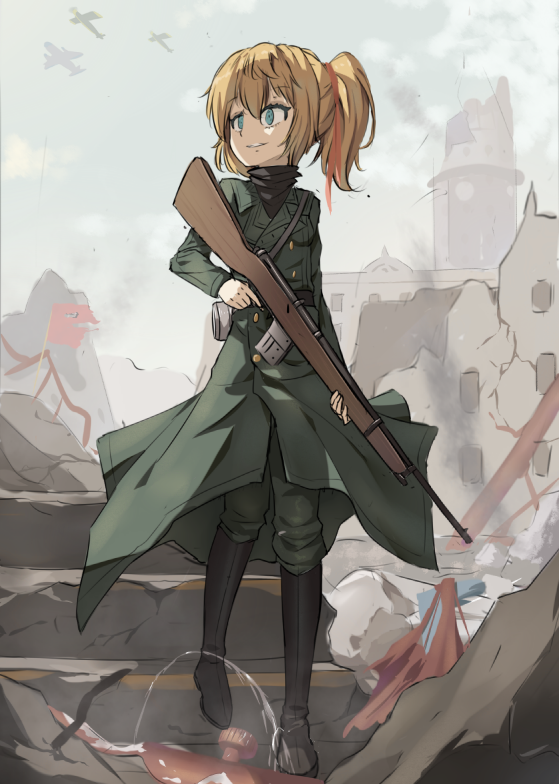 aircraft airplane blonde_hair blue_eyes boots commentary_request gun hair_ribbon holding holding_gun holding_weapon looking_away ponytail red_ribbon ribbon rifle short_hair smile solo tanya_degurechaff teeth weapon yiran_kuxiao youjo_senki