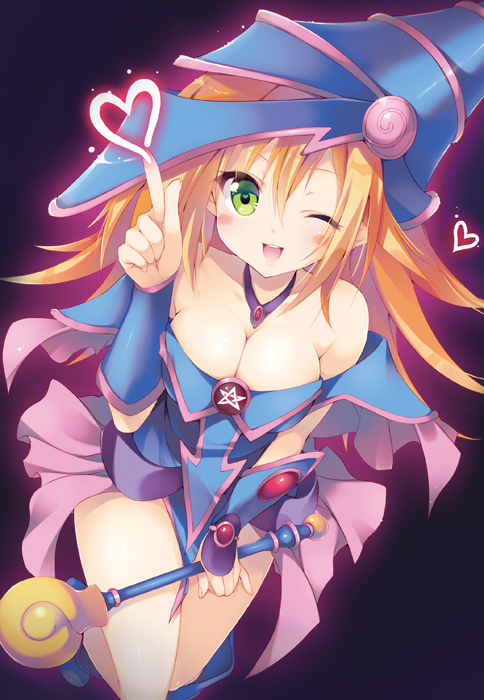 ;d bangs bare_shoulders blonde_hair blush breasts cleavage dark_magician_girl detached_collar duel_monster eyebrows_visible_through_hair green_eyes hair_between_eyes heart holding holding_wand large_breasts legs_together long_hair looking_at_viewer one_eye_closed open_mouth pentagram sakura_hanpen smile solo teeth thighs wand yuu-gi-ou yuu-gi-ou_duel_monsters