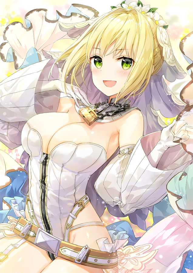 :d bangs bare_shoulders belt belt_buckle blonde_hair blush breasts bridal_veil buckle chain cleavage collar contrapposto cowboy_shot detached_collar detached_sleeves eyebrows eyebrows_visible_through_hair fate/extra fate/extra_ccc fate_(series) flower flower_wreath fuumi_(radial_engine) garter_straps gloves green_eyes groin hair_intakes hand_on_own_chest hands_up head_wreath highleg highleg_leotard holding juliet_sleeves large_breasts legs_together leotard lock long_sleeves looking_at_viewer nero_claudius_(bride)_(fate) nero_claudius_(fate)_(all) open_mouth padlock padlocked_collar puffy_sleeves short_hair sidelocks smile standing strapless strapless_leotard teeth veil waist_cape white_flower white_gloves white_leotard white_sleeves wide_sleeves zipper