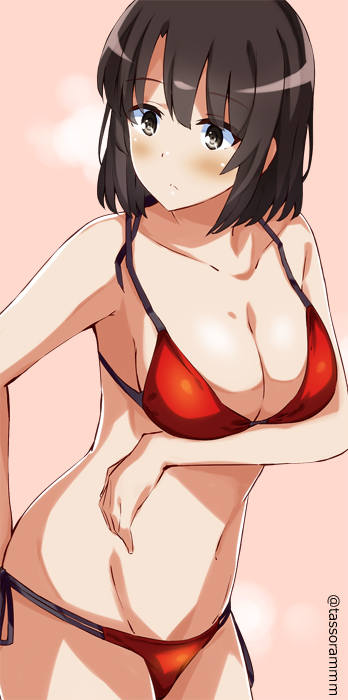 bangs banned_artist bikini black_hair blush breasts brown_eyes cleavage cosplay cowboy_shot katou_megumi large_breasts lowleg lowleg_bikini multi-strapped_bikini pink_background red_bikini saenai_heroine_no_sodatekata sawamura_spencer_eriri sawamura_spencer_eriri_(cosplay) short_hair simple_background solo swimsuit tasora twitter_username