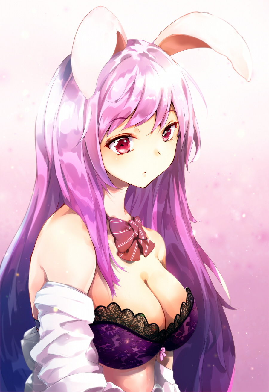 animal_ears bare_shoulders black_bra bow bowtie bra breasts bunny_ears cleavage closed_mouth from_side highres lace lace-trimmed_bra large_breasts long_hair looking_at_viewer looking_to_the_side mayonaka_taruho off_shoulder open_clothes open_shirt purple_hair red_eyes reisen_udongein_inaba shirt solo striped striped_bow striped_neckwear touhou underwear upper_body very_long_hair white_shirt