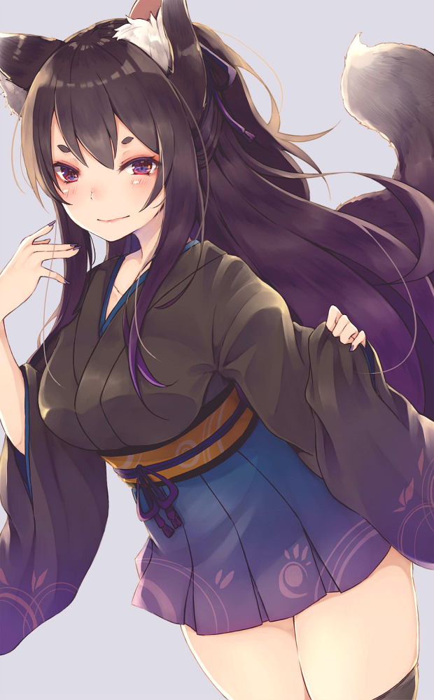 &gt;:) animal_ear_fluff animal_ears black_hair black_legwear blue_skirt blush breasts chita_(ketchup) closed_mouth collarbone commentary_request cowboy_shot fox_ears fox_tail from_side hakama_skirt japanese_clothes kimono large_breasts long_hair long_sleeves looking_at_viewer looking_to_the_side miniskirt obi original purple_eyes sash short_eyebrows skirt smile solo tail thighhighs v-shaped_eyebrows very_long_hair wide_sleeves