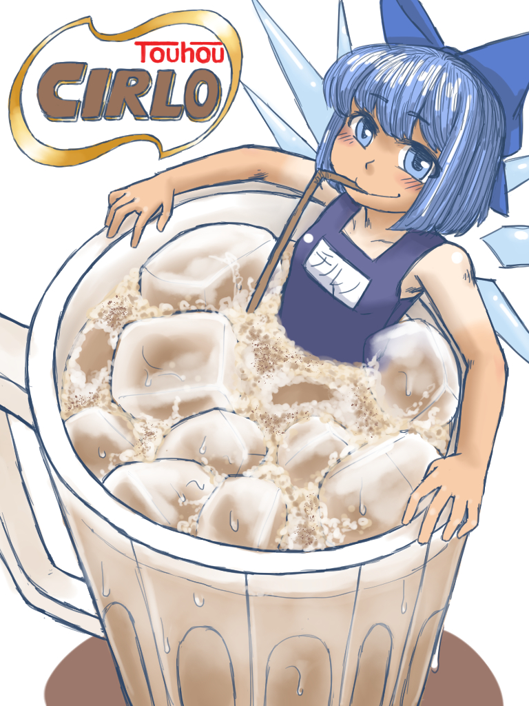 aqua_hair bathing blush bob_cut bow brand_name_imitation chocolate_milk cirno cup drinking drinking_glass drinking_straw hair_bow hell_angel ice ice_cube ice_wings name_tag nestle school_swimsuit short_hair swimsuit tan tanline touhou wings
