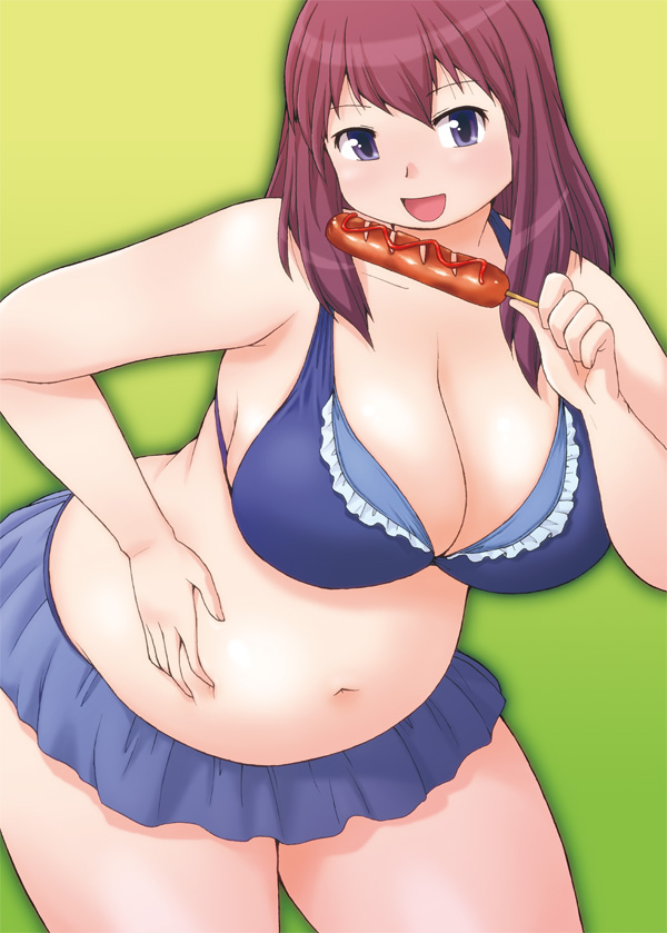 1girl belly bra breasts brown_hair cleavage fat food hot_dog kato_hayabusa ketchup large_breasts leaning_forward long_hair looking_at_viewer miniskirt navel open_mouth original plump purple_eyes skirt smile solo thick_thighs