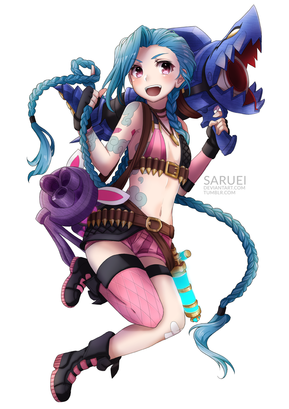 :d artist_name asymmetrical_bangs bad_id bad_pixiv_id bandaid bandaid_on_knee bangs bare_shoulders belt belt_buckle bikini_top black_footwear black_gloves blue_hair blush boots braid breasts brown_belt buckle bullet crossed_bandaids fingerless_gloves gloves highres holding jewelry jinx_(league_of_legends) league_of_legends long_hair low_twintails multicolored_bikini_top navel necklace open_mouth pink_legwear pink_shorts purple_eyes saruei short_shorts shorts simple_background single_thighhigh small_breasts smile solo striped tattoo thighhighs twin_braids twintails upper_teeth vertical-striped_shorts vertical_stripes very_long_hair white_background