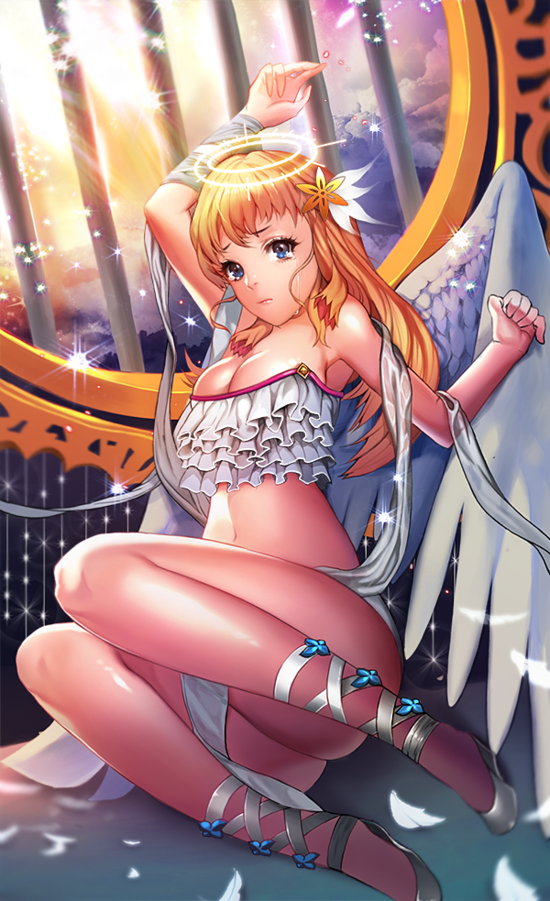 angel angel_wings arm_up ass bangs bare_shoulders blonde_hair blue_eyes breasts chicle cleavage closed_mouth collarbone crying crying_with_eyes_open feathered_wings feathers flower frills hair_flower hair_ornament hand_up lace-up large_breasts legs lips long_hair looking_at_viewer midriff navel nose original outdoors pelvic_curtain pink_lips sad shoes sitting solo strapless streaming_tears tears tubetop white_footwear white_wings wings
