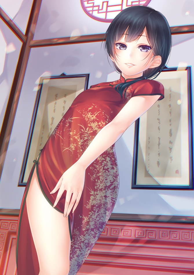black_hair china_dress chinese_clothes dress indoors looking_at_viewer original purple_eyes short_hair side_slit smile solo standing yamaishi_nohi