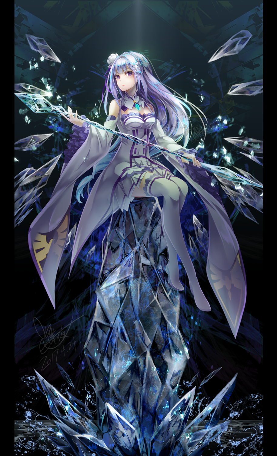 bangs bare_shoulders blue_eyes blush boots braid breasts cleavage closed_mouth commentary_request detached_collar detached_sleeves dress elf emilia_(re:zero) eyelashes flower frilled_sleeves frills full_body hair_flower hair_ornament hair_ribbon highres holding holding_staff ice jewelry long_hair long_sleeves looking_at_viewer looking_to_the_side medium_breasts miniskirt pendant pleated_skirt pointy_ears purple_eyes re:zero_kara_hajimeru_isekai_seikatsu ribbon silver_hair sitting skirt solo staff thigh_boots thighhighs tyouya very_long_hair white_dress white_footwear white_legwear wide_sleeves zettai_ryouiki