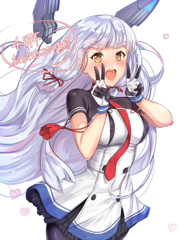anniversary bangs blush breasts buttons commentary_request covered_nipples crop_top double_v dress eyebrows eyebrows_visible_through_hair hair_ornament hair_ribbon headgear heart kantai_collection long_hair medium_breasts murakumo_(kantai_collection) necktie open_mouth pantyhose remodel_(kantai_collection) ribbon silver_hair smile solo strapless strapless_dress teeth tress_ribbon tube_dress untsue v yellow_eyes