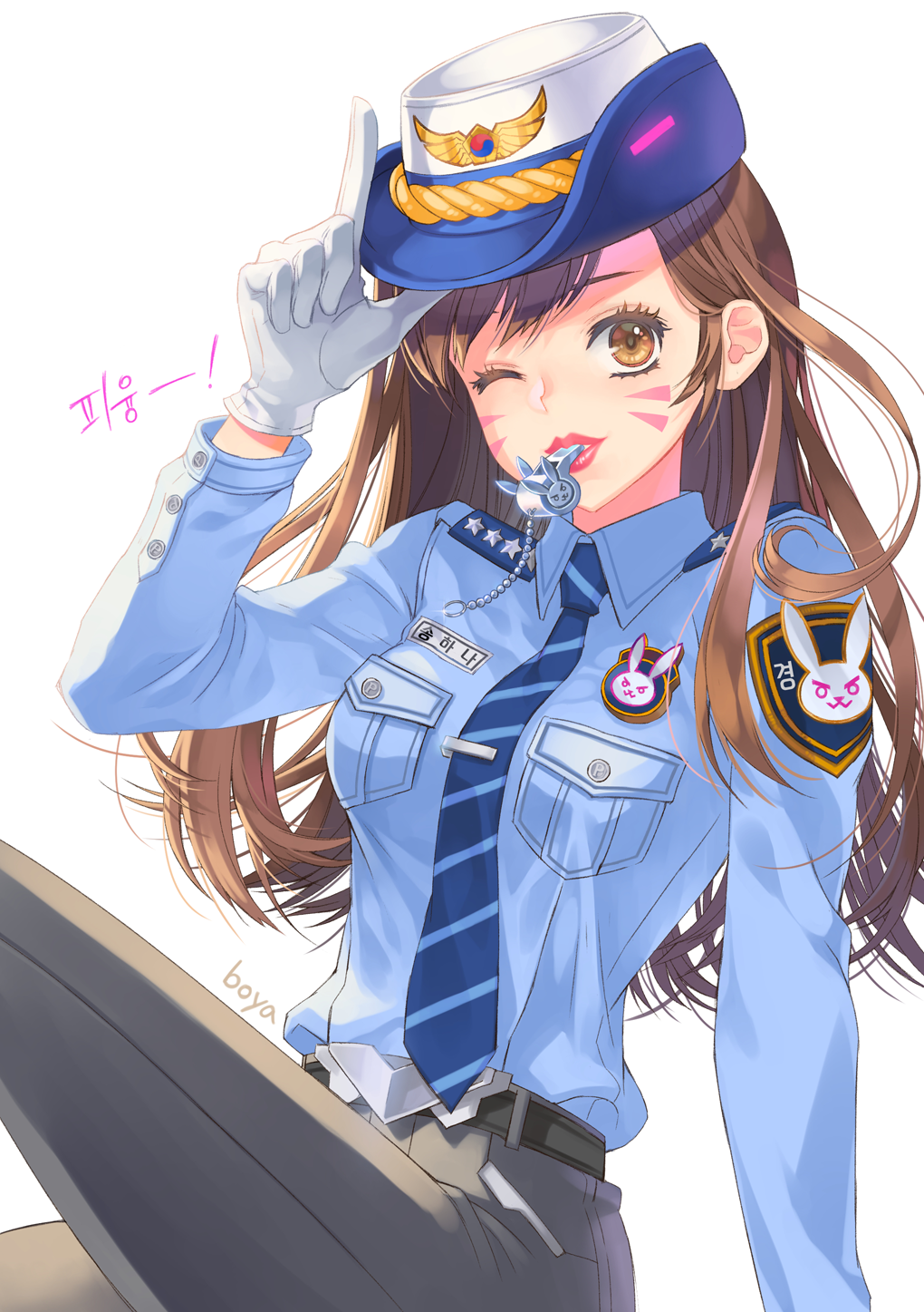 alternate_costume animal_print arm_at_side arm_support bangs belt belt_buckle black_pants blue_neckwear blue_shirt boya_(user_cdjw4444) breast_pocket breasts brown_eyes brown_hair buckle bunny_print buttons collared_shirt cowboy_shot d.va_(overwatch) epaulettes eyelashes facepaint female_service_cap gloves hand_on_headwear hand_up hat heroes_of_the_storm highres knee_up long_hair long_sleeves medium_breasts mouth_hold necktie officer_d.va one_eye_closed overwatch pants pocket police police_hat police_uniform policewoman red_lips salute shirt simple_background sitting smile solo striped striped_neckwear tie_clip uniform weapon whisker_markings whistle white_background white_gloves wing_collar