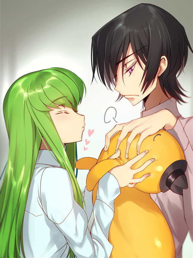1girl =3 bangs black_hair black_hat blue_shirt blush c.c. cheese-kun closed_eyes closed_mouth code_geass couple creayus expressionless eyebrows_visible_through_hair fingernails from_side gradient gradient_background green_hair hat heart height_difference hetero holding jealous lelouch_lamperouge long_hair long_sleeves pouty_lips purple_eyes shirt sidelocks sleeves_past_wrists straight_hair upper_body