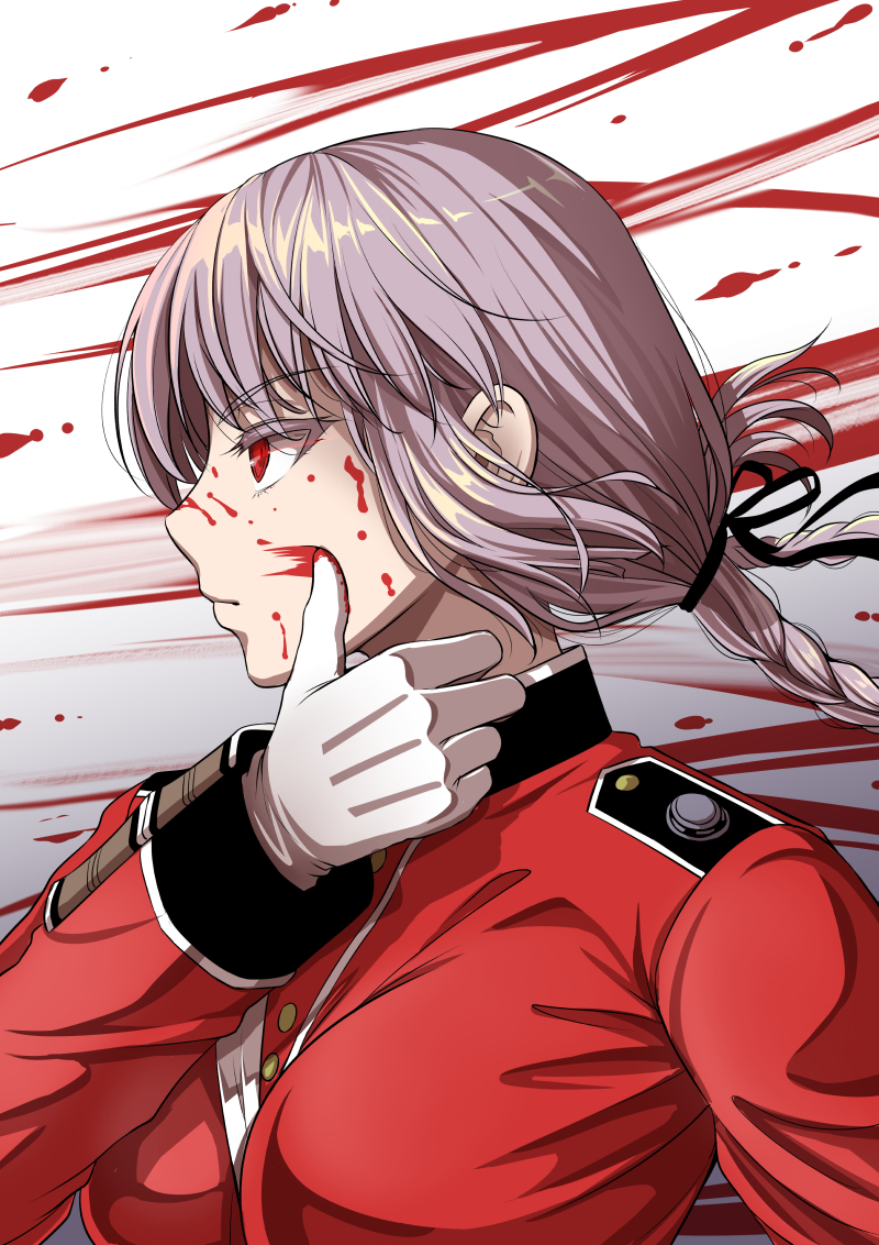 bangs between_breasts black_ribbon blood blood_on_face braid breasts closed_mouth colored_eyelashes expressionless eyebrows_visible_through_hair fate/grand_order fate_(series) florence_nightingale_(fate/grand_order) gloves gradient gradient_background hair_ribbon hair_rings jacket long_hair long_sleeves looking_away military military_uniform red_eyes red_jacket ribbon shiny shiny_hair silver_hair solo thumb_to_cheek uniform upper_body white_background white_gloves wind wiping wiping_face youshuu