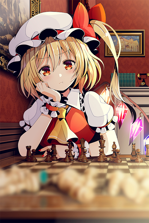 :t ascot banned_artist blonde_hair blurry chess_piece chessboard chin_rest crystal depth_of_field flandre_scarlet hat hat_ribbon head_tilt indoors looking_at_viewer mob_cap painting_(object) phone pout puffy_short_sleeves puffy_sleeves red_eyes red_ribbon ribbon short_sleeves side_ponytail sitting solo touhou vest white_hat wings wrist_cuffs yuuka_nonoko