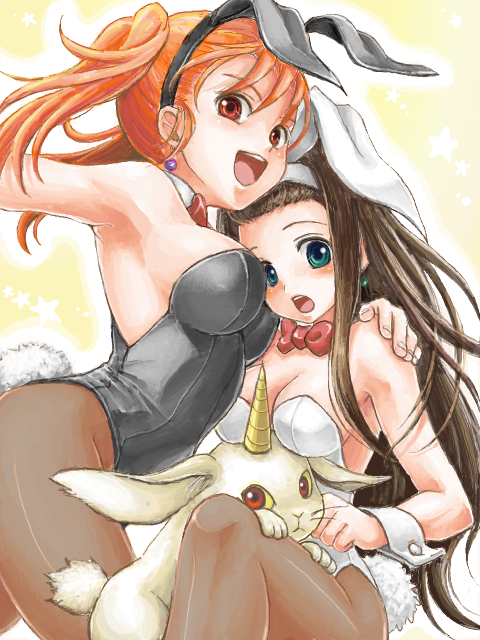 artist_request bare_shoulders black_legwear blush bow bowtie breasts bunny_ears bunny_girl bunny_tail bunnysuit cleavage detached_collar dragon_quest dragon_quest_viii earrings fake_animal_ears horned_rabbit jessica_albert jewelry large_breasts long_hair medea multiple_girls open_mouth orange_hair pantyhose sideboob source_request tail twintails wrist_cuffs