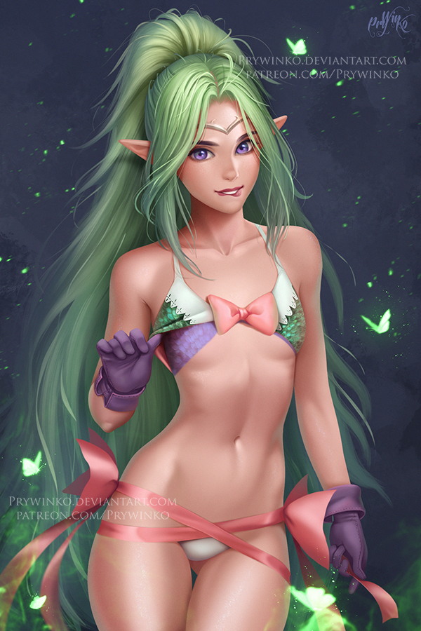 biting bra bra_lift breasts fire_emblem fire_emblem:_kakusei flat_chest gloves green_hair jewelry lip_biting long_hair looking_at_viewer mamkute navel necklace nono_(fire_emblem) olga_narhova panties pointy_ears ponytail purple_eyes revision small_breasts solo stomach underwear very_long_hair