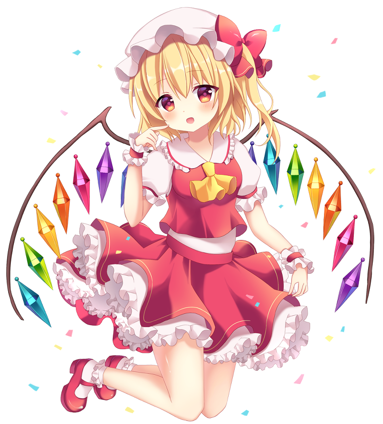 :o ascot blonde_hair blush bobby_socks crystal flandre_scarlet frilled_skirt frills full_body hat looking_at_viewer mary_janes mayo_(miyusa) mob_cap red_eyes red_footwear red_skirt shoes side_ponytail simple_background skirt skirt_set smile socks solo touhou vest white_background white_hat white_legwear wings wrist_cuffs
