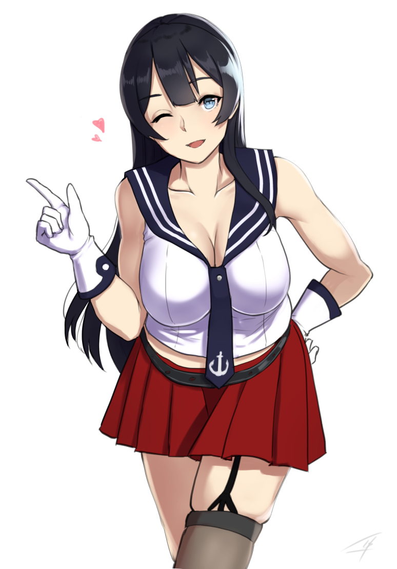 ;d agano_(kantai_collection) black_hair blue_eyes breasts cleavage collarbone commentary_request cowboy_shot garter_straps gloves grey_legwear hair_between_eyes hand_on_hip hayabusa heart index_finger_raised kantai_collection large_breasts leaning_forward long_hair miniskirt one_eye_closed open_mouth red_skirt school_uniform serafuku shirt single_thighhigh skirt sleeveless sleeveless_shirt smile solo thighhighs white_gloves