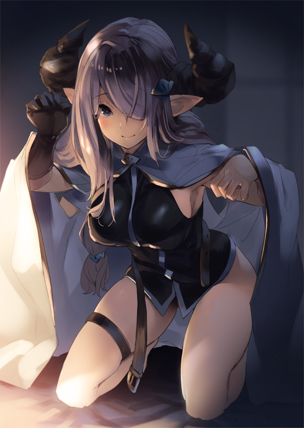 armpits ass_visible_through_thighs banned_artist bare_legs barefoot bed bed_sheet belt belt_buckle black_gloves blue_eyes blue_ribbon blush braid breasts buckle cape claw_pose closed_mouth covered_nipples draph full_body gloves granblue_fantasy groin hair_ornament hair_over_one_eye hair_ribbon hairclip heart heart-shaped_pupils kneeling large_breasts leaning_forward legs_apart long_hair looking_at_viewer low-tied_long_hair narmaya_(granblue_fantasy) on_bed paseri pink_hair pointy_ears ribbon shade single_braid single_glove smile solo symbol-shaped_pupils thigh_strap thighs unbuckled_belt white_cape
