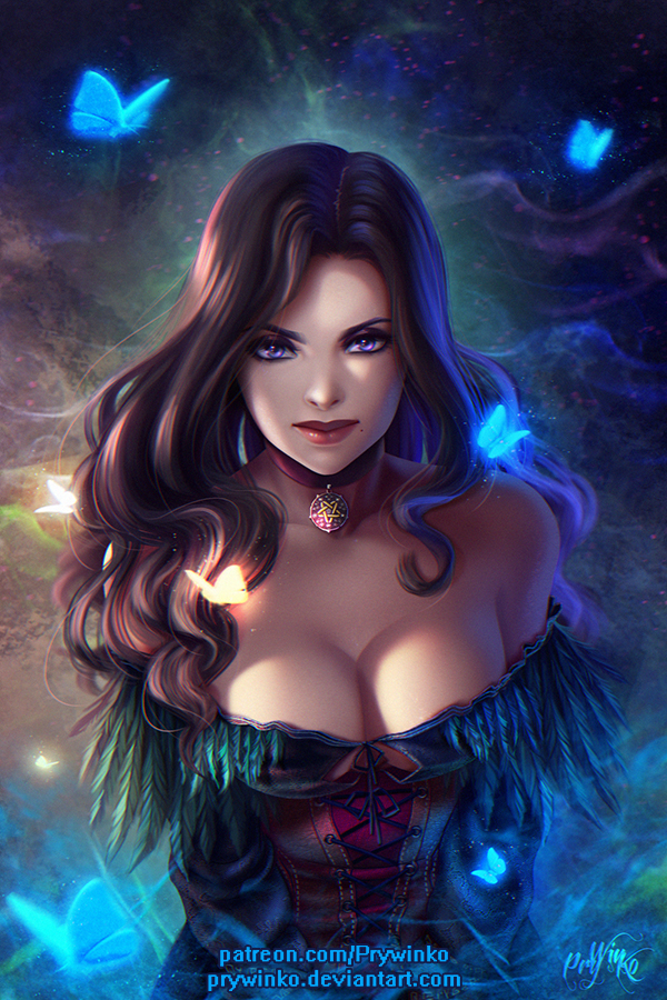 bare_shoulders black_hair breasts bug butterfly choker cleavage corset feather_trim insect large_breasts long_hair looking_at_viewer mole mole_under_mouth olga_narhova pentacle purple_eyes red_lips signature solo the_witcher the_witcher_3 upper_body watermark web_address yennefer