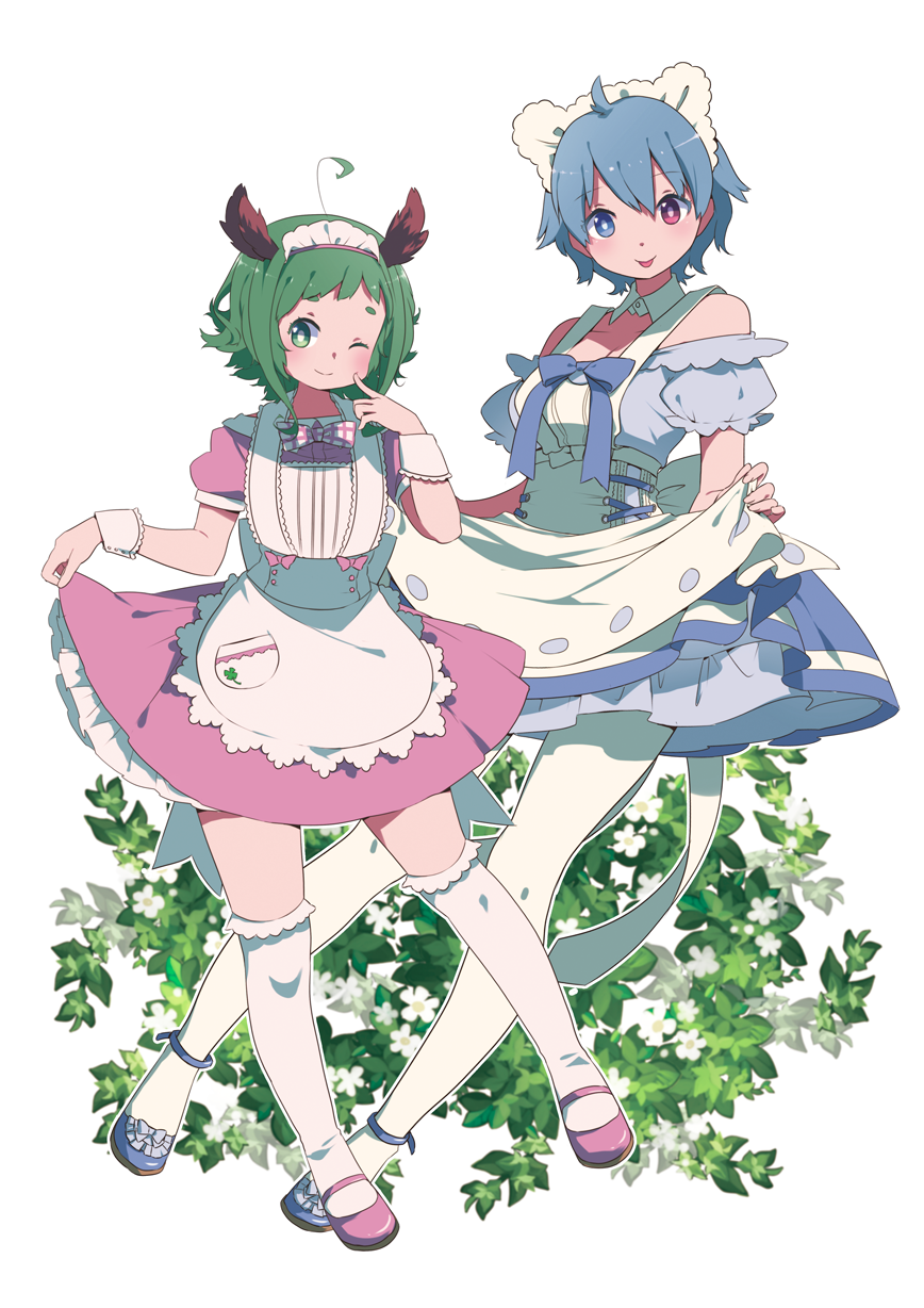 :p ;) ahoge animal_ears apron blue_dress blue_eyes blue_footwear blue_hair bow bowtie breasts cleavage commentary_request corset detached_collar dress floral_background frilled_apron frilled_dress frilled_legwear frills green_eyes green_hair halterneck heterochromia highres kasodani_kyouko kneehighs large_bow maid maid_apron maid_headdress mary_janes medium_breasts multiple_girls namauni off-shoulder_dress off_shoulder one_eye_closed pantyhose pink_dress pink_footwear puffy_short_sleeves puffy_sleeves red_eyes shoes short_hair short_sleeves simple_background smile tatara_kogasa tongue tongue_out touhou underbust white_background white_legwear wrist_cuffs