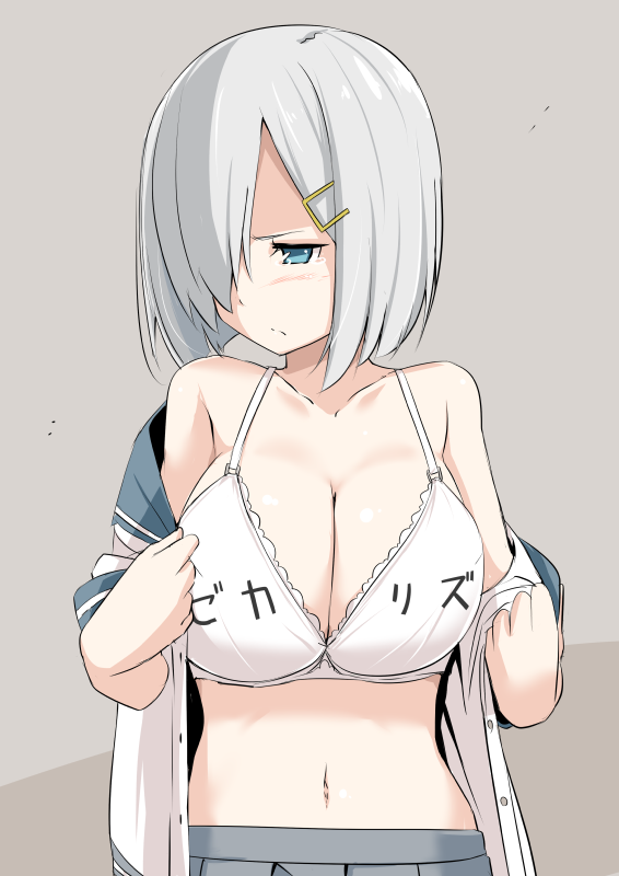 bare_shoulders blue_eyes blush bob_cut bra breasts cleavage clothes_writing collarbone commentary_request hair_ornament hair_over_one_eye hamakaze_(kantai_collection) kantai_collection kichihachi large_breasts navel pout short_hair silver_hair simple_background skirt solo translated underwear undressing white_bra