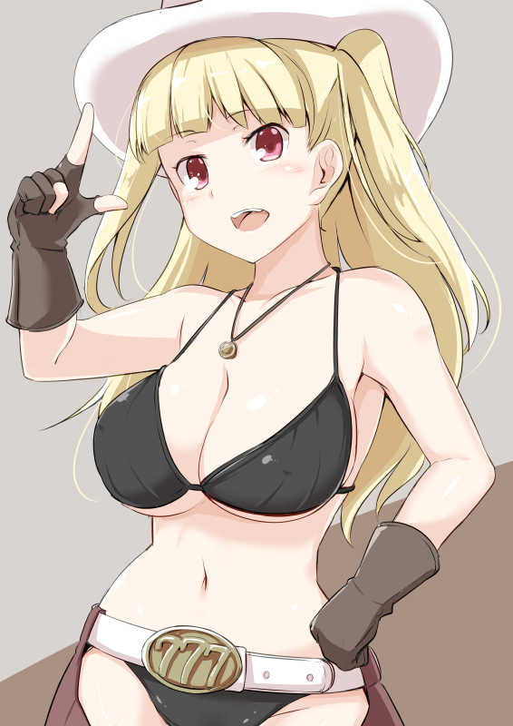 belt bikini black_bikini black_gloves blonde_hair blush breasts chaps cleavage covered_nipples cowboy_hat fingerless_gloves gloves hat hat_tip jewelry kichihachi large_breasts long_hair open_mouth pendant red_eyes simple_background smile solo swimsuit tokyo_7th_sisters two_side_up uesugi_u_kyouko