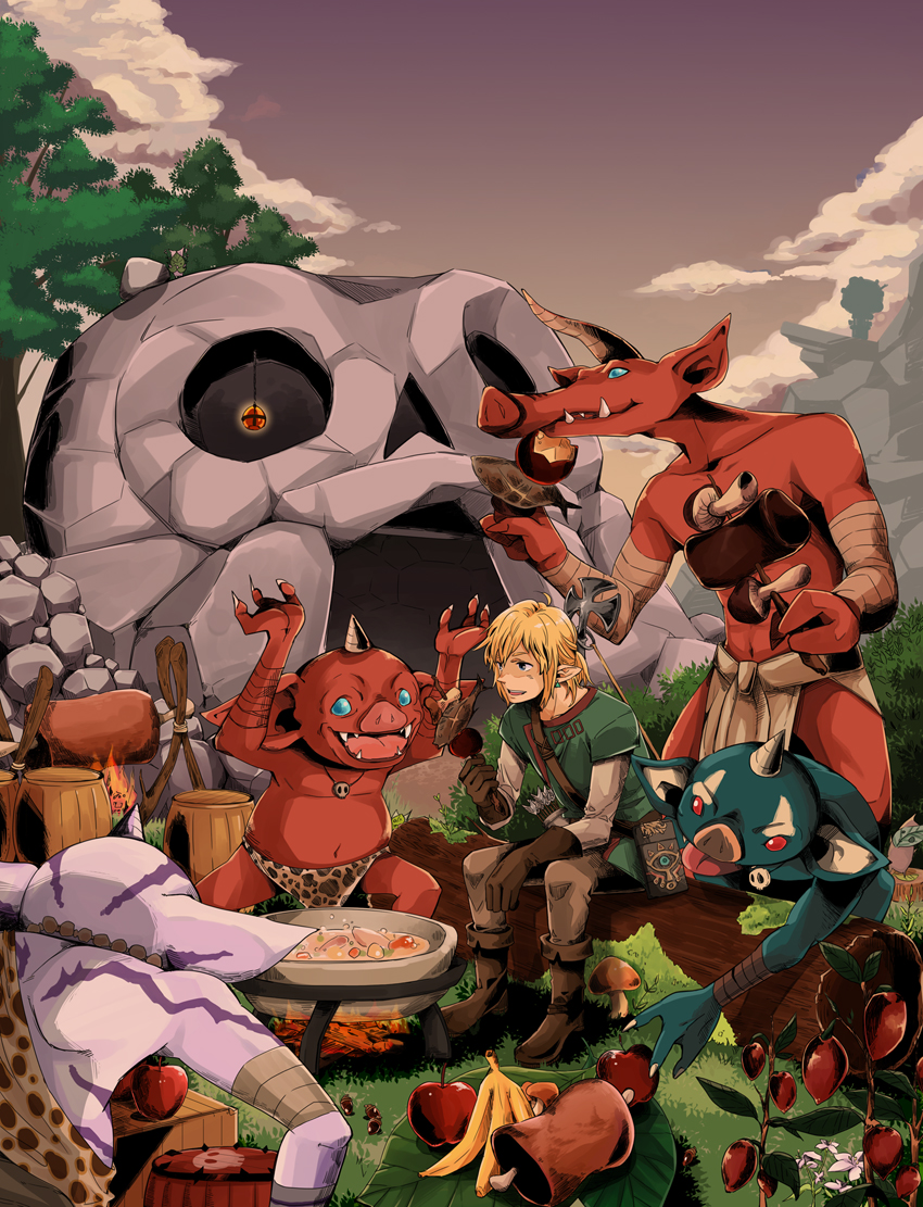 apple arinko_(aririncocoa) banana blonde_hair bokoblin boots cloud cooking earrings eating food fruit gloves horn jewelry link meat moblin monster necklace outdoors pointy_ears sitting skull sky the_legend_of_zelda the_legend_of_zelda:_breath_of_the_wild tunic what_if